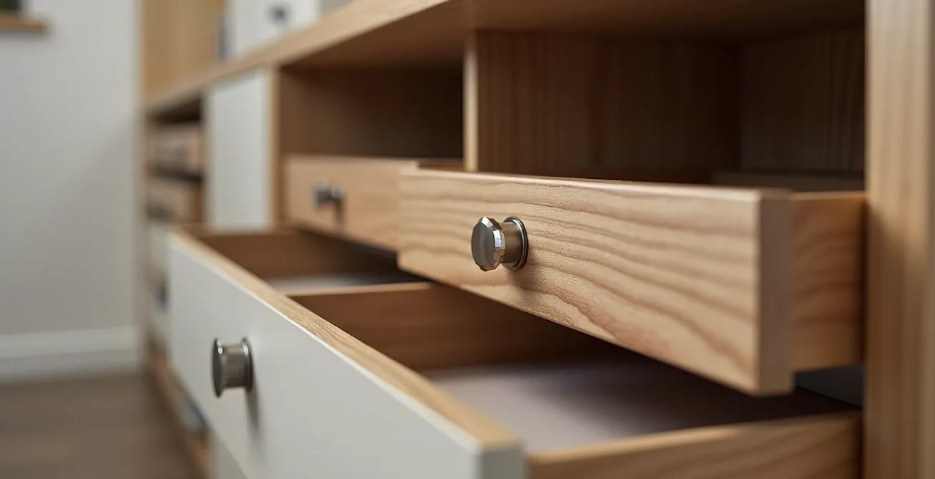 Aménagement sous escalier avec combinaison de modules de rangement adaptés à la pente