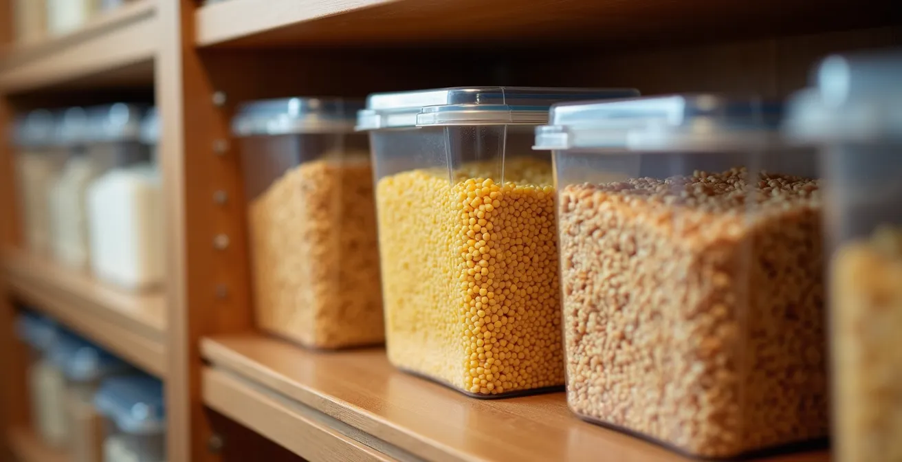 Bacs transparents longs organisés dans un placard profond de cuisine