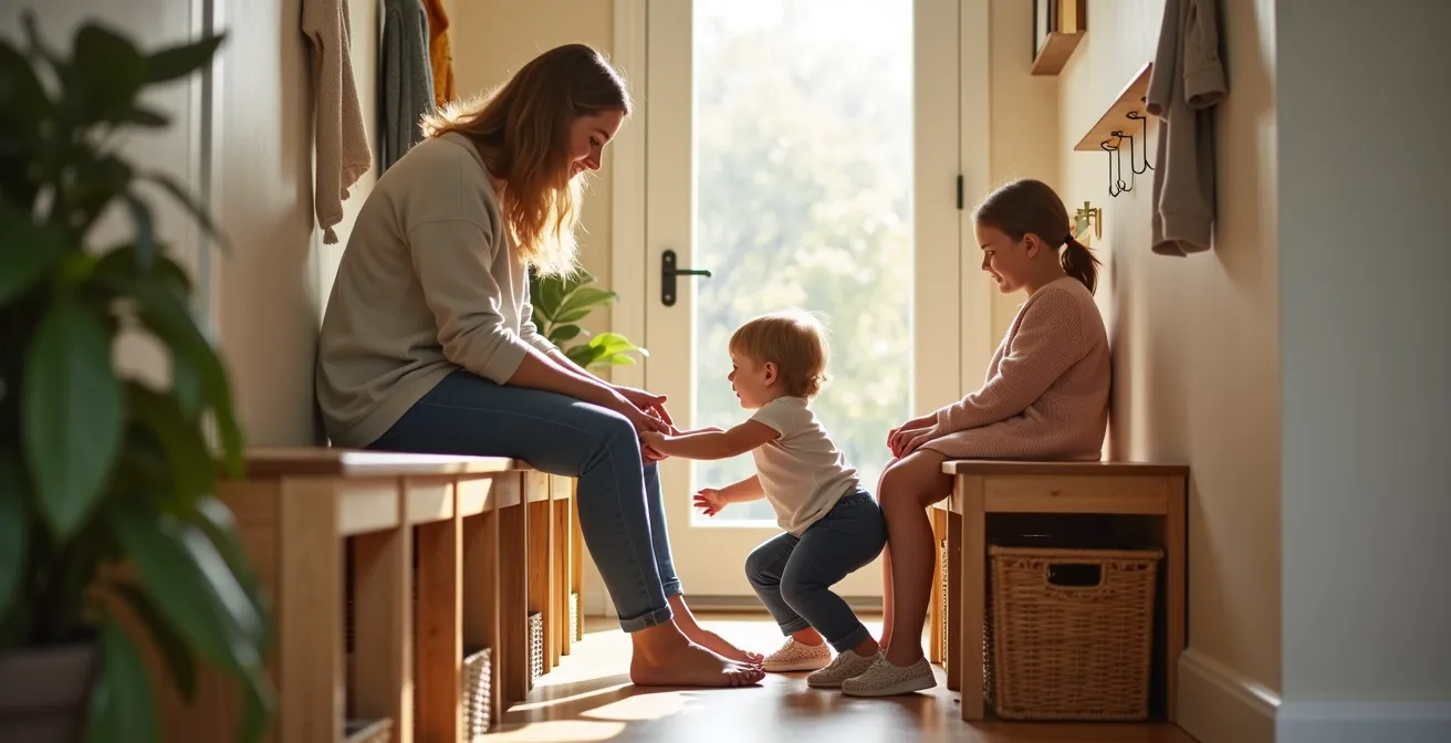Banc d'entrée avec rangement intégré et espaces individuels en dessous