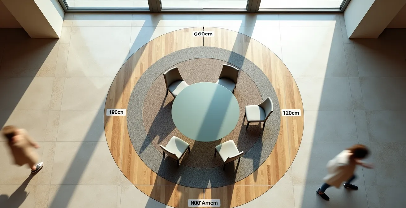 Schéma technique montrant les trois zones d'espace vital autour d'une table