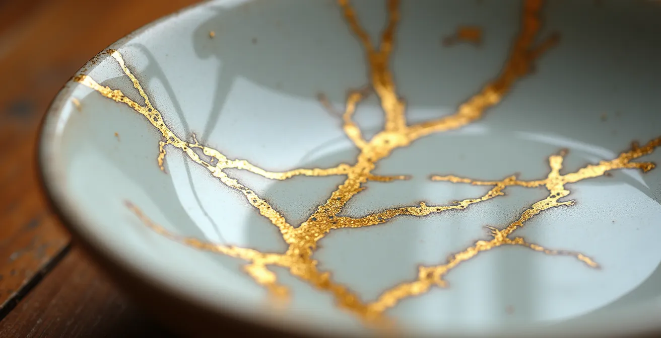 Bol en céramique réparé selon la technique Kintsugi avec veines dorées visibles