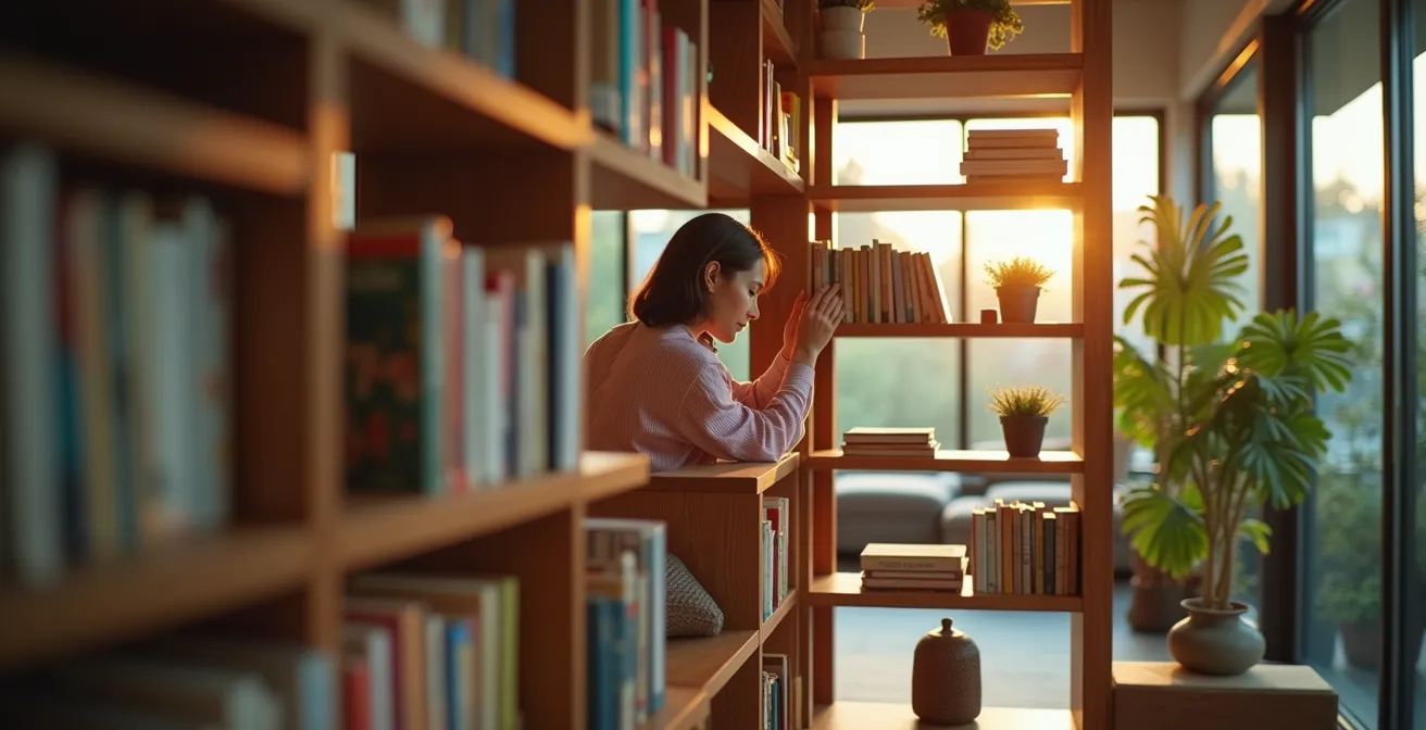 Claustra bibliothèque en bois séparant un salon d'un espace bureau avec jeux d'ombres
