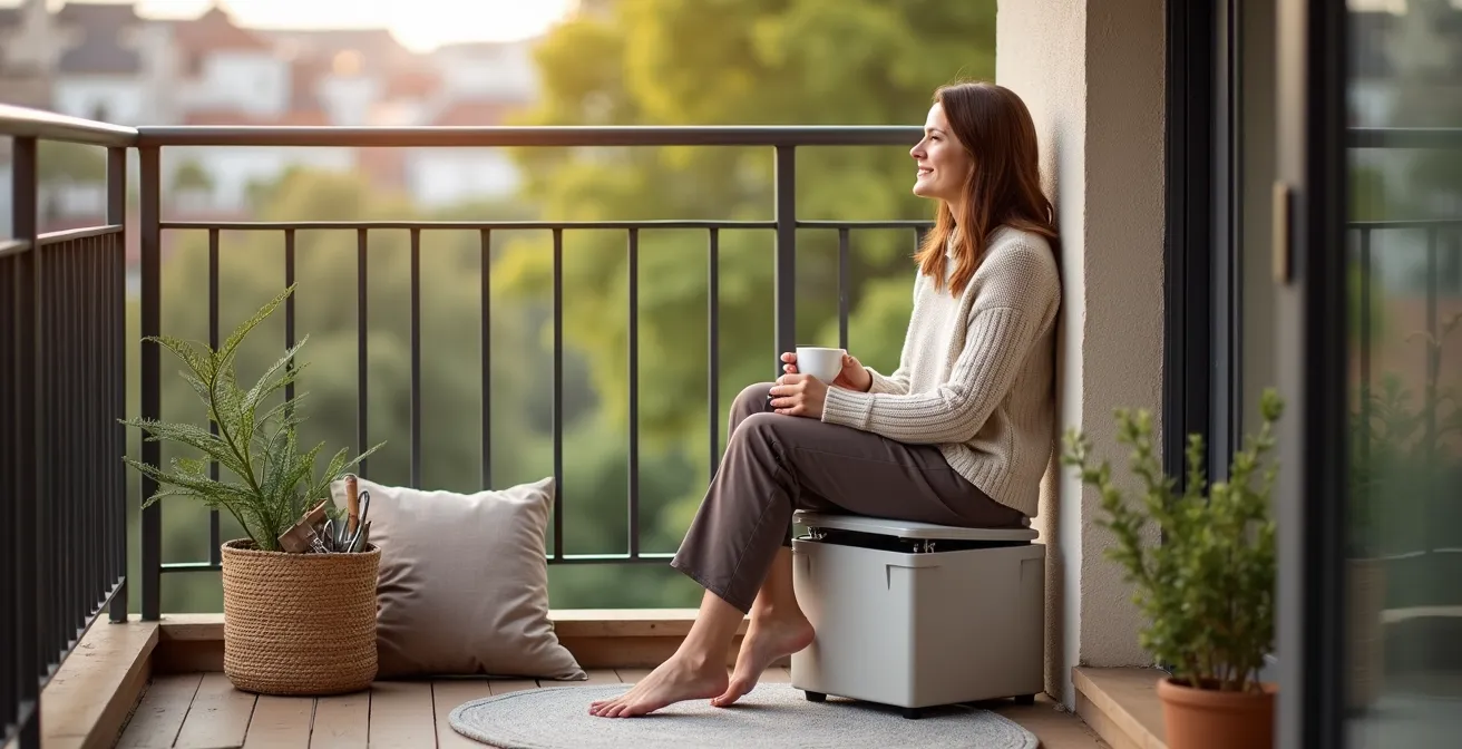Coin détente minimaliste à l'extrémité d'un balcon étroit avec pouf-coffre et coussins d'extérieur