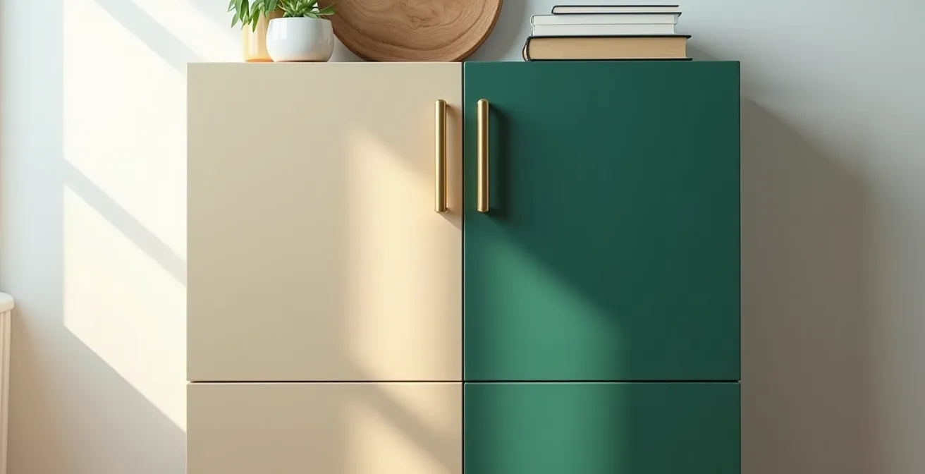 Comparaison côte à côte d'un meuble IKEA basique et sa version relookée élégante