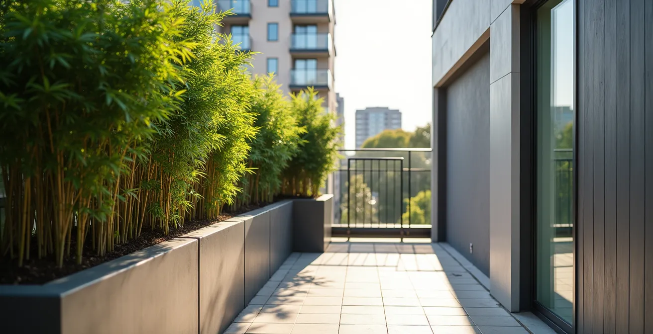 Comparaison visuelle entre bambous en pots et brise-vue synthétique sur un balcon, montrant le contraste entre nature et fonctionnalité.