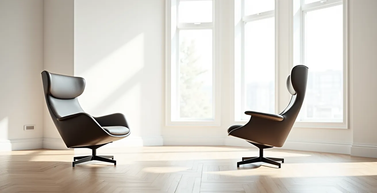 Vue comparative d'un fauteuil design minimaliste sans soutien et d'un fauteuil ergonomique avec maintien lombaire