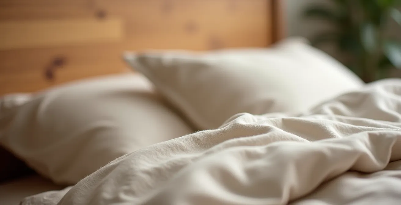 Gros plan sur la texture d'un cadre de lit en bois naturel avec éclairage doux