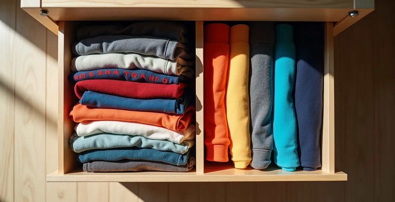 Vue comparative de deux tiroirs montrant la différence entre empilage et rangement vertical