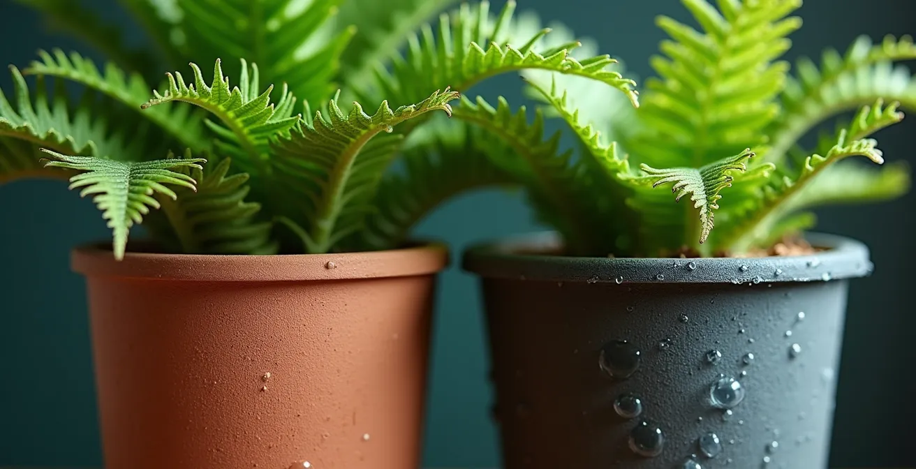Comparaison visuelle entre pot en terre cuite et pot en plastique avec plantes luxuriantes