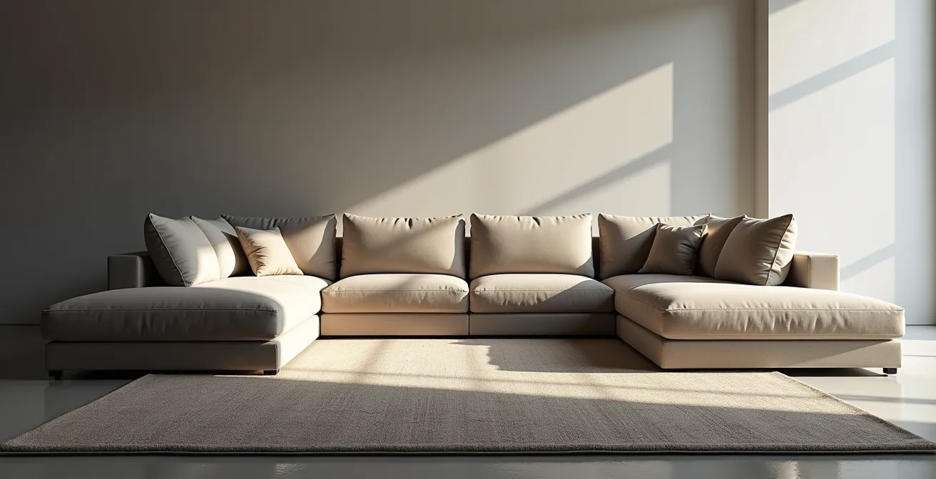 Comparaison visuelle de l'impact d'un petit tapis versus un grand tapis sous un canapé d'angle