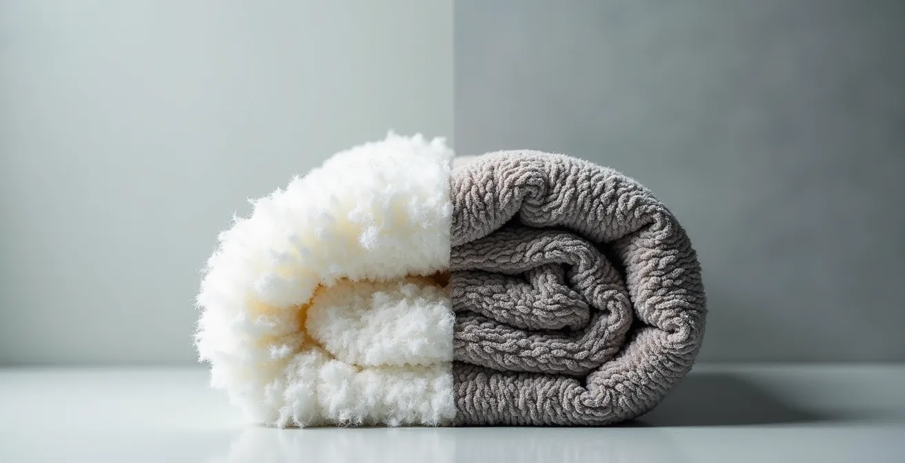 Deux serviettes côte à côte montrant la différence de texture et de volume, l'une gonflante et l'autre plate.