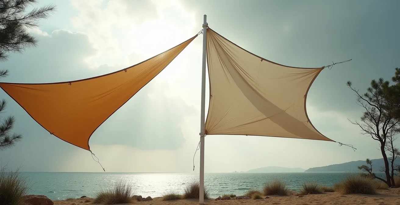 Deux voiles d'ombrage côte à côte sur une terrasse ventée, l'une tendue et stable, l'autre gonflée par le vent