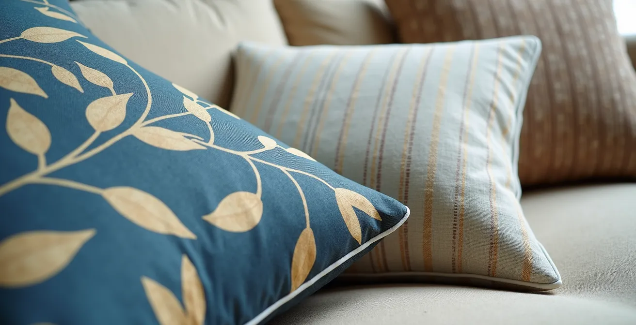 Arrangement de coussins démontrant les trois échelles de motifs sur canapé neutre