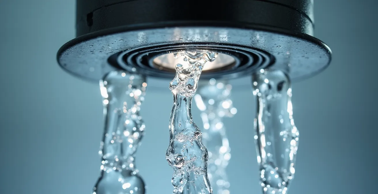 Démonstration d'un test d'étanchéité sur un luminaire IP65 avec projection d'eau