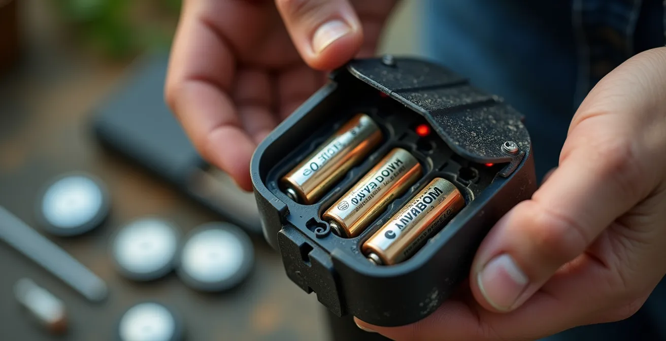 Vue éclatée d'une borne solaire montrant l'accès à la batterie remplaçable