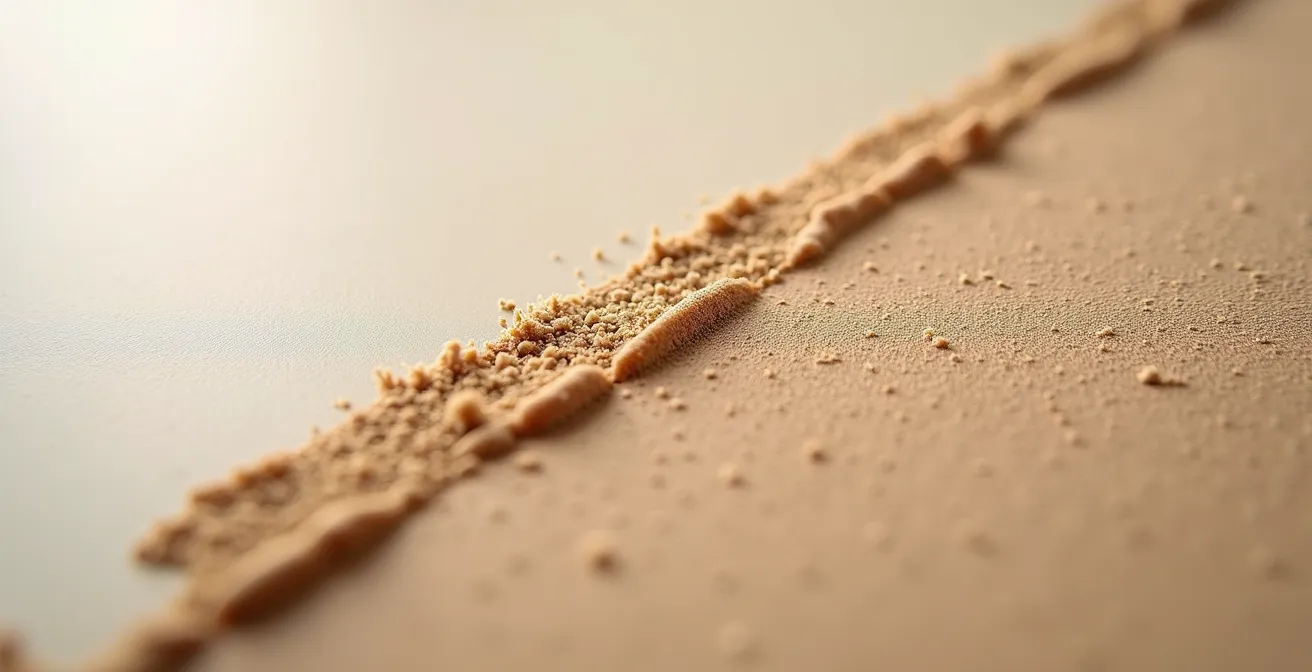 Vue macro d'une surface mélaminée légèrement poncée montrant la texture mate obtenue