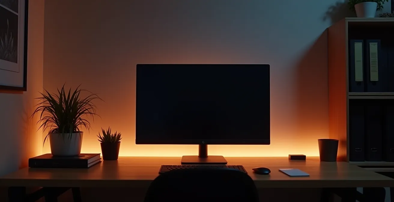 Éclairage indirect du mur derrière un écran créant un équilibre lumineux optimal