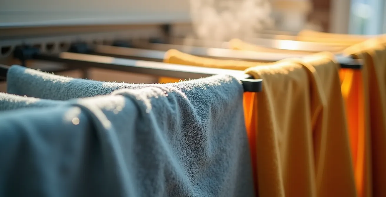 Étendoir électrique mural dans une petite buanderie avec linge en train de sécher