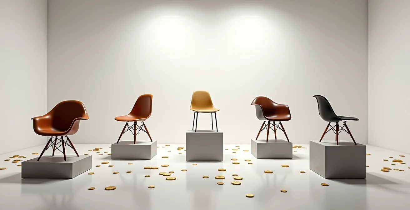 Collection de fauteuils design vintage dans un salon moderne épuré