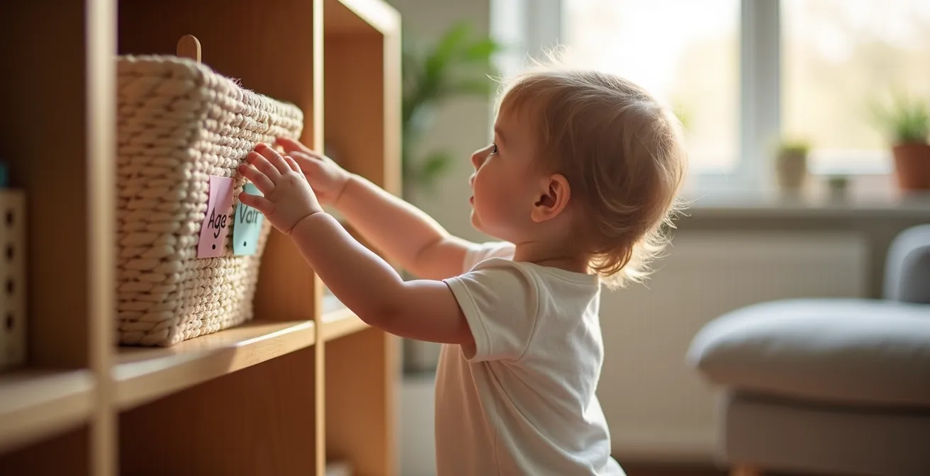 Enfant de 3 ans rangeant facilement ses jouets dans un meuble bas adapté à sa taille avec étiquettes visuelles