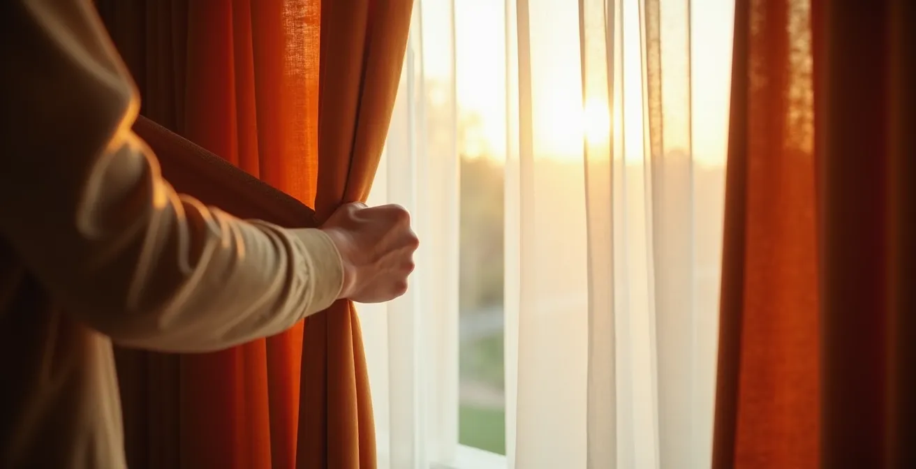 Détail d'une fenêtre avec système de double rideau montrant voilages blancs et rideaux terracotta
