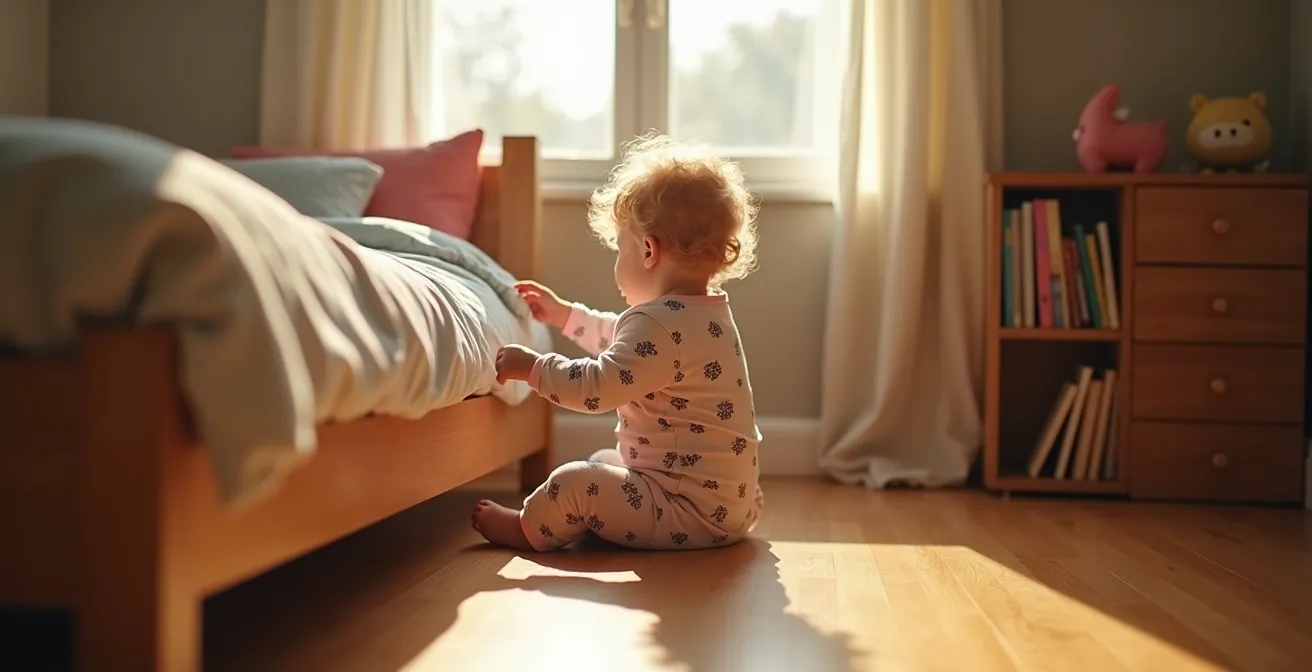 Enfant explorant librement sa chambre avec lit au sol Montessori