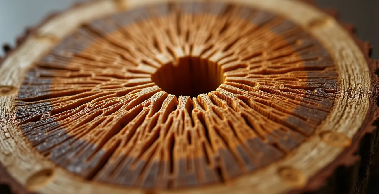 Vue macro des pores ouverts du bois de chêne montrant la structure cellulaire