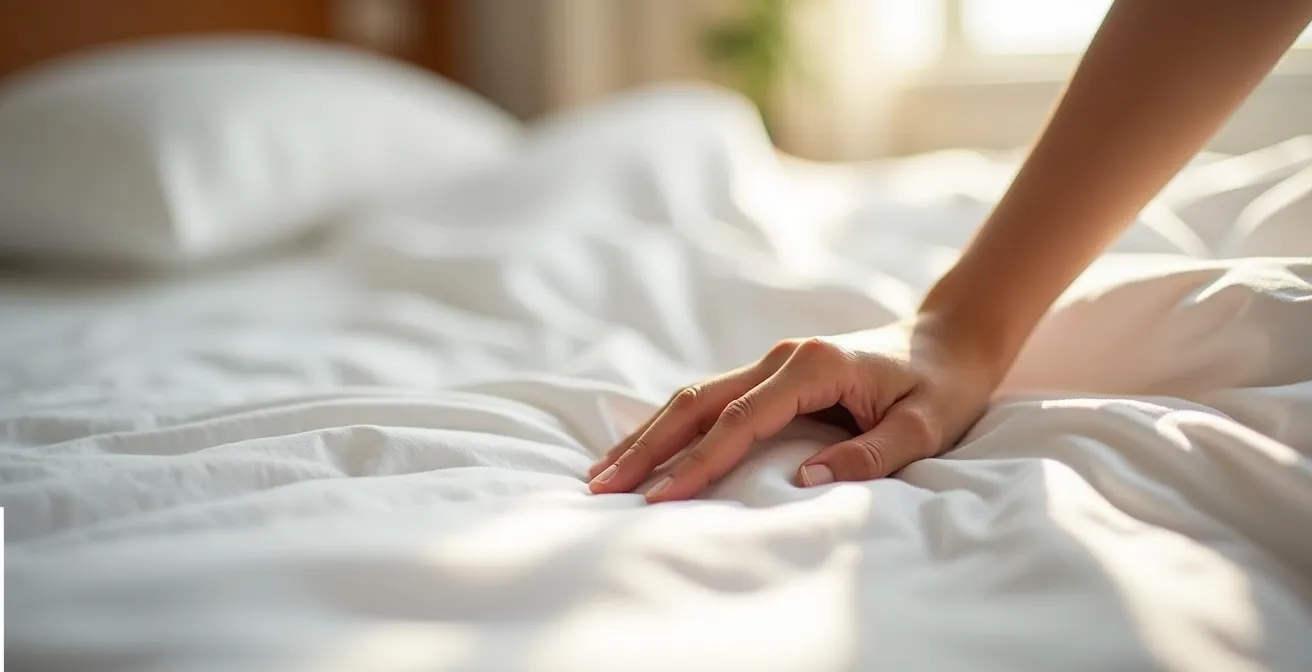 Main posée sur un drap en percale de coton blanc illustrant la sensation de fraîcheur