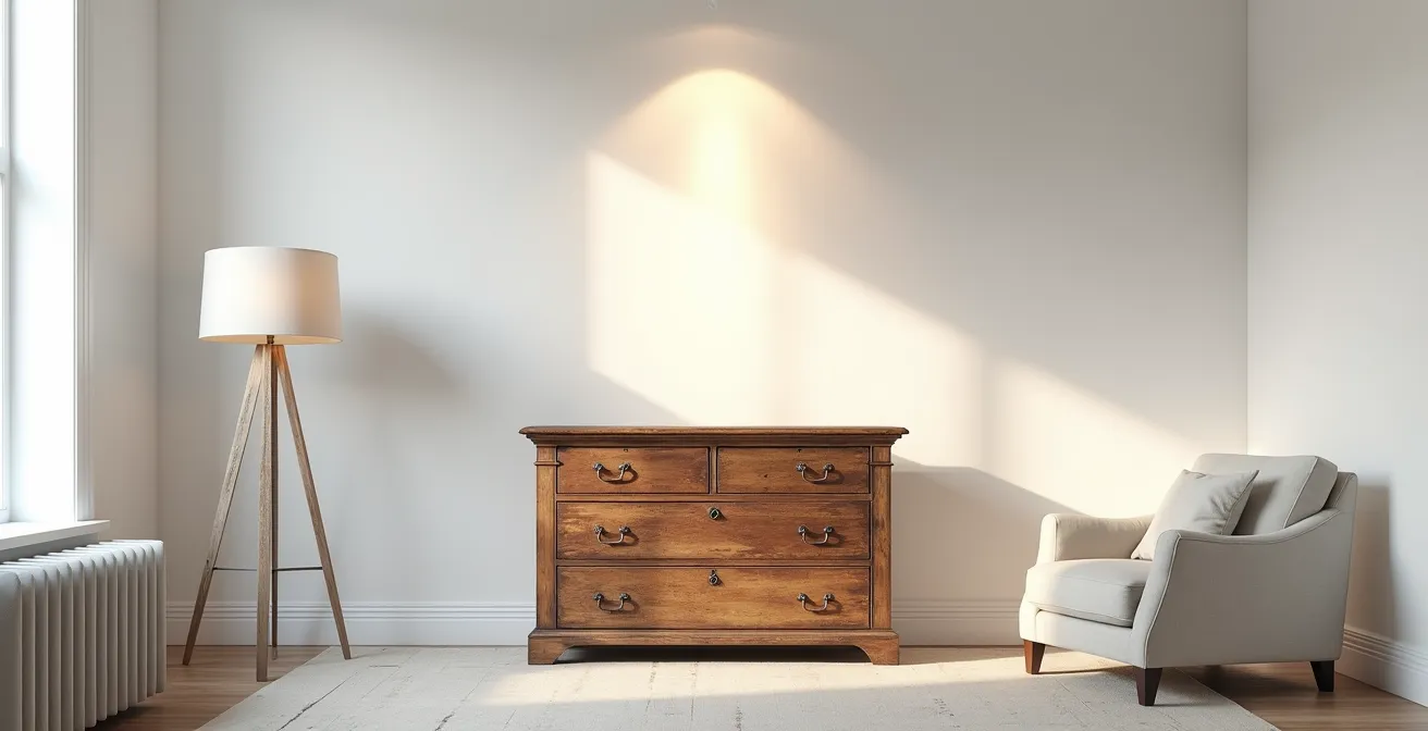 Commode ancienne en bois patiné dans un intérieur moderne épuré avec éclairage contemporain