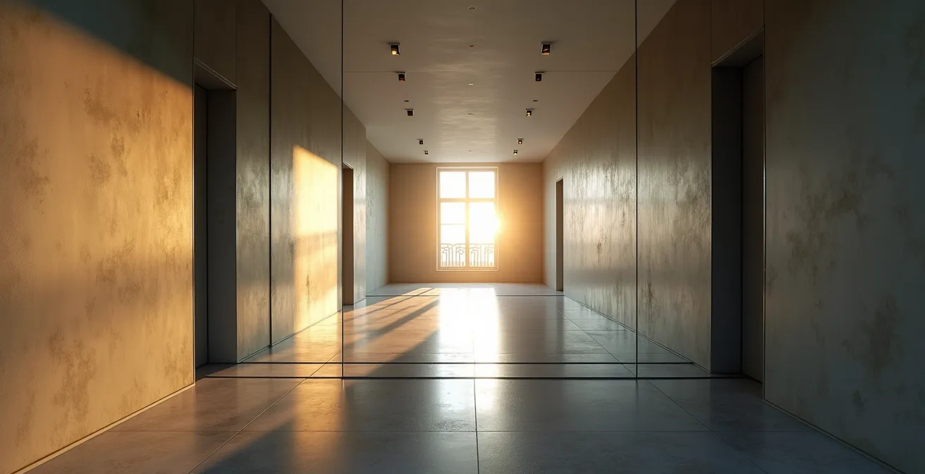 Grand miroir latéral créant une perspective forcée dans un salon étroit