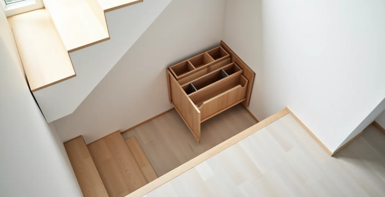 Vue plongeante d'un système d'angle LeMans installé sous un escalier