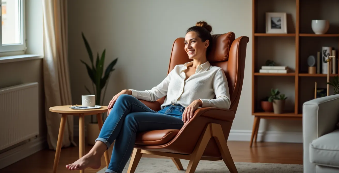 Fauteuil design iconique entouré de mobilier contemporain abordable dans un salon lumineux