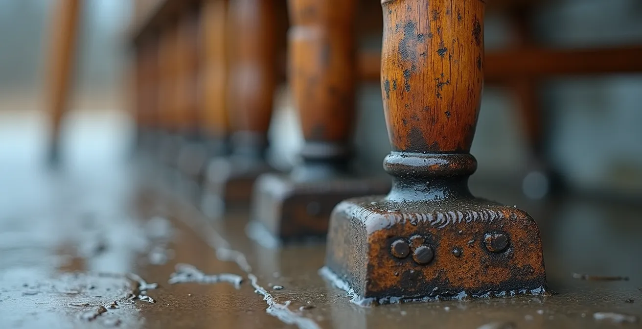 Gros plan macro sur les pieds d'une chaise de jardin posés sur des cales en bois avec condensation matinale visible