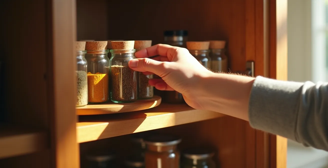 Plateau tournant rempli d'épices dans un placard de cuisine profond