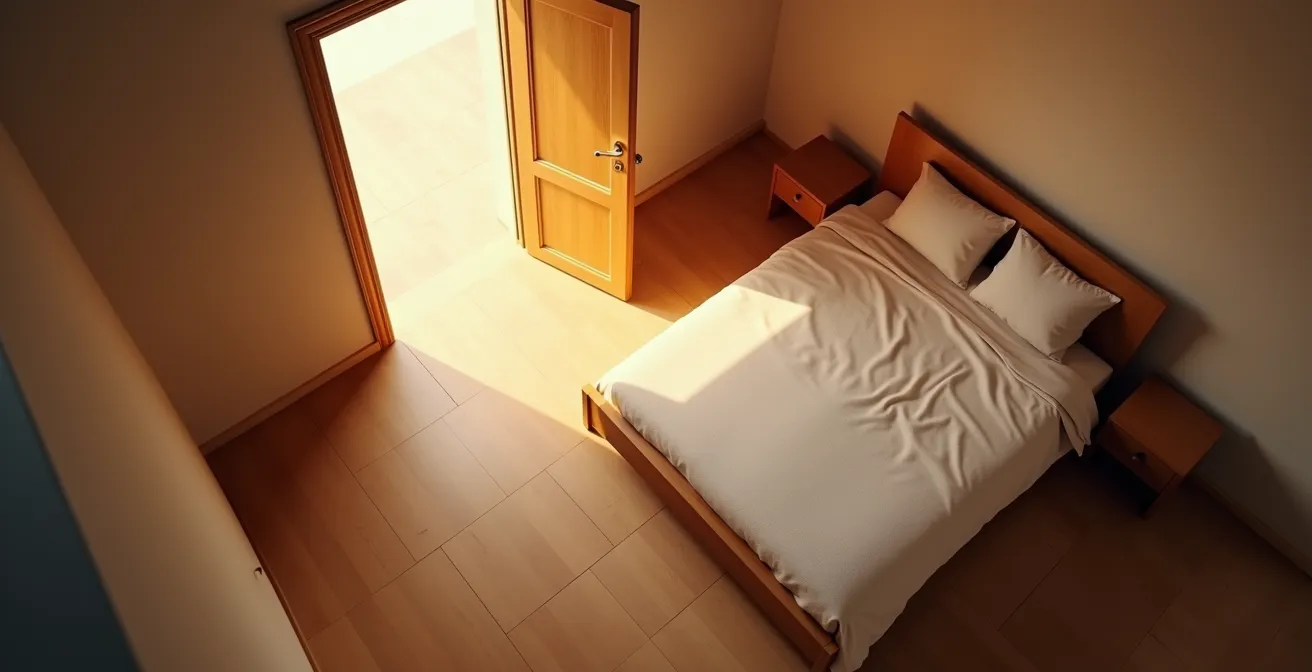 Vue en plongée d'une chambre montrant la position idéale du lit avec visibilité de la porte