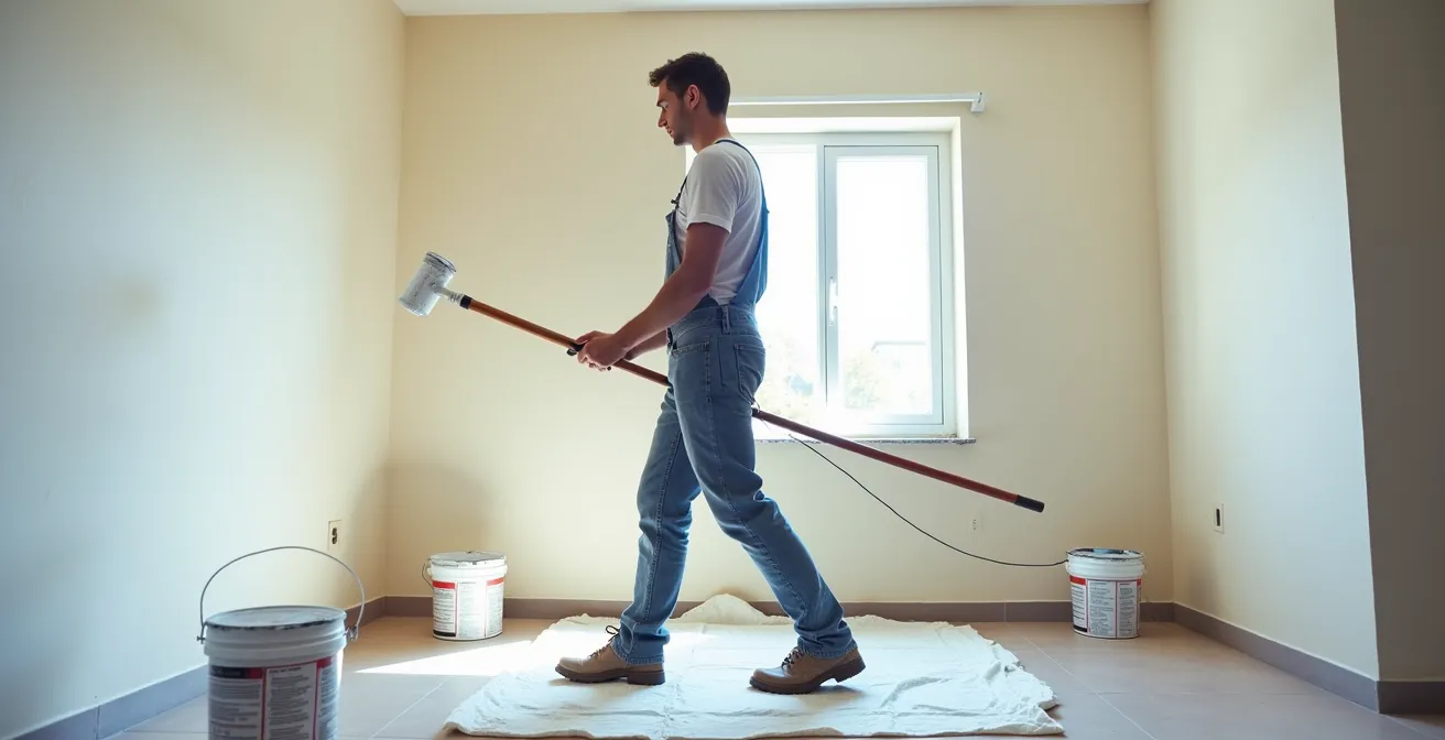 Démonstration de la posture ergonomique correcte pour peindre un plafond avec une perche télescopique