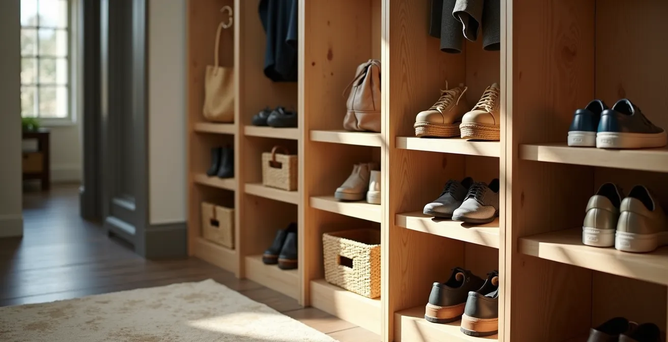 Meuble de rangement linéaire avec compartiments individualisés pour chaque membre de la famille