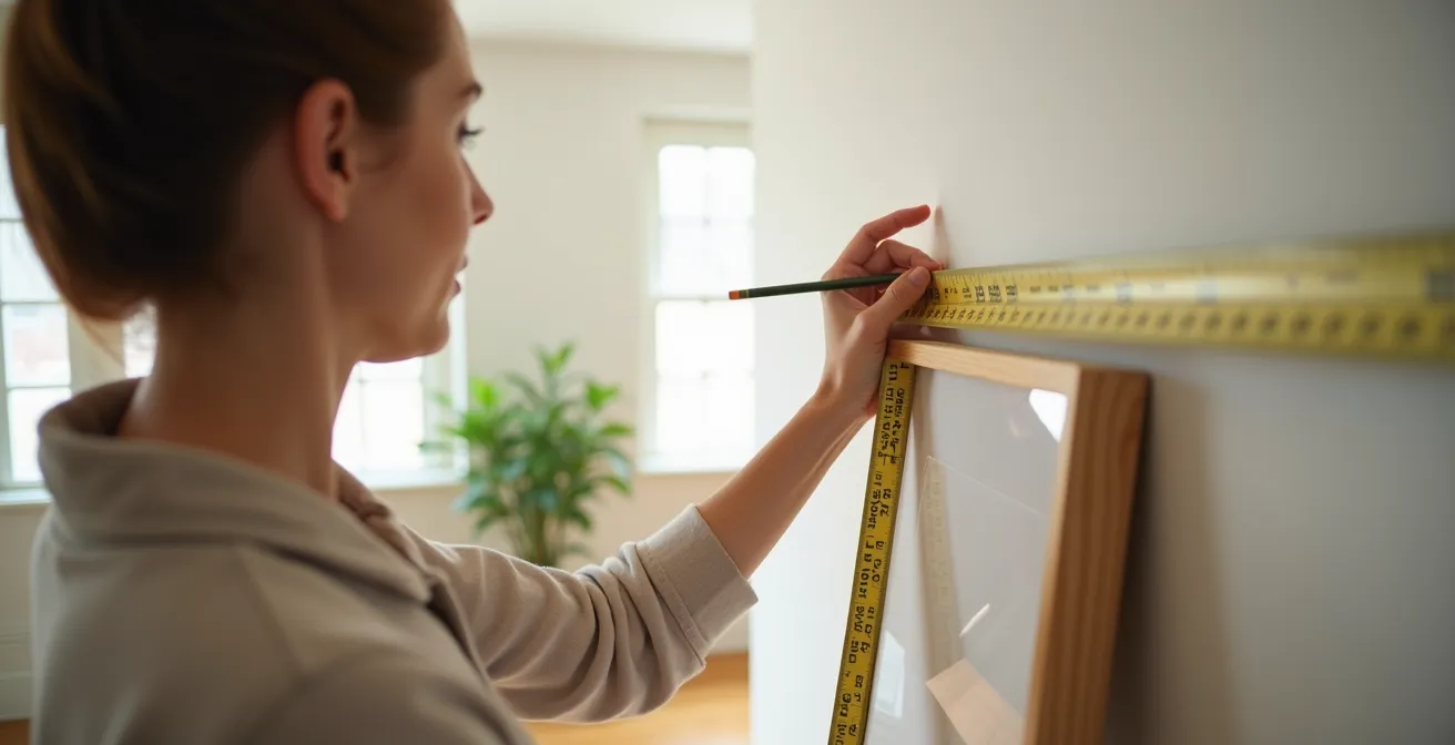 Personne mesurant la hauteur idéale pour accrocher un cadre selon la règle du musée