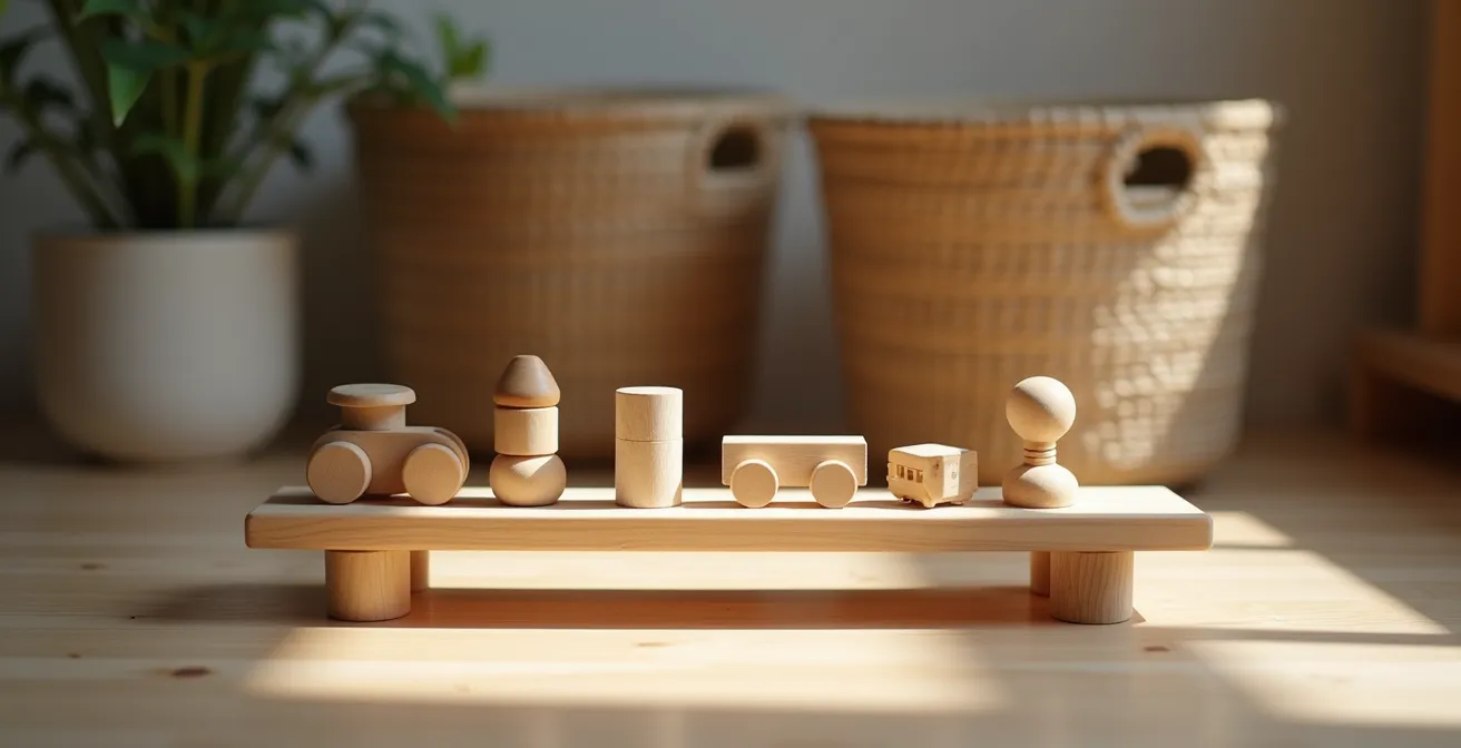 Étagère basse Montessori avec sélection limitée de jouets en bois organisés par catégorie