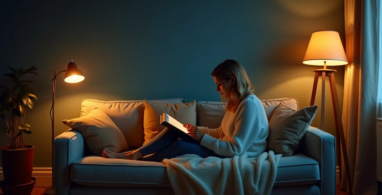 Salon orienté nord avec murs bleus et éclairage chaleureux compensateur