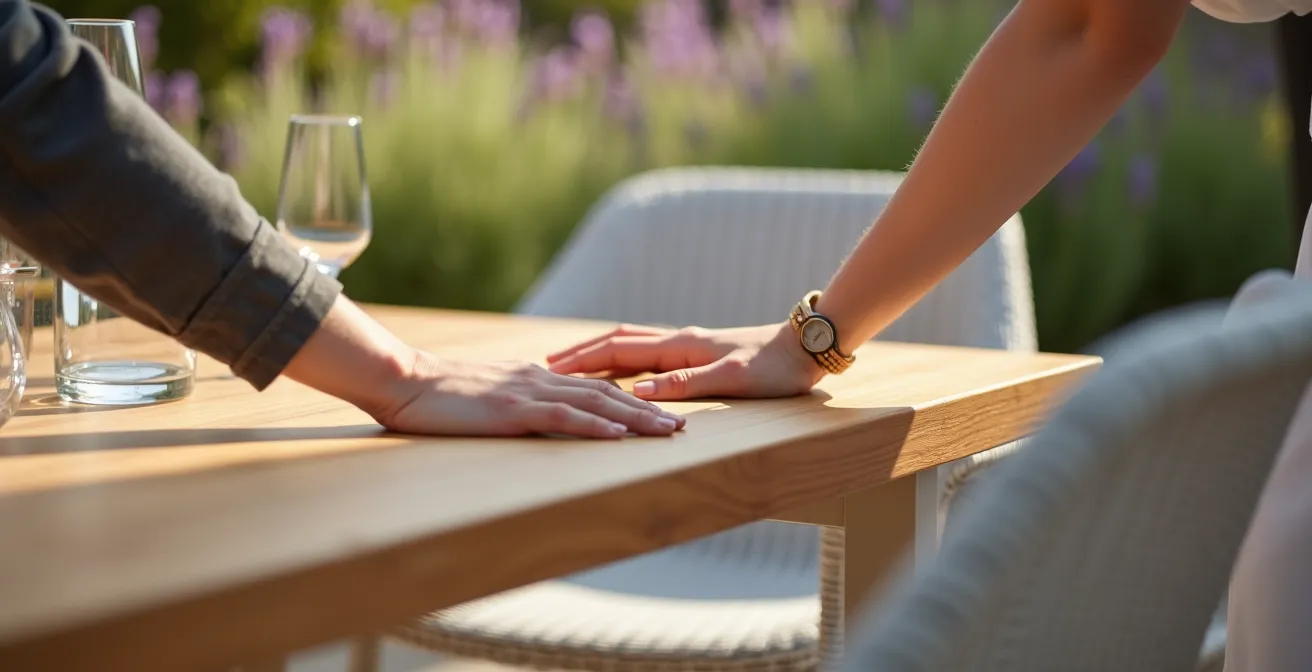 Ensemble de jardin harmonieux avec table en teck massif et chaises en aluminium blanc
