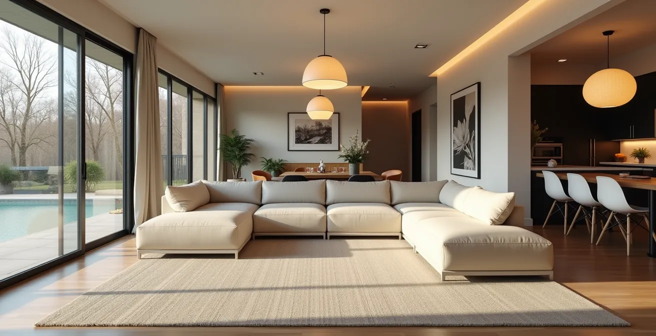 Espace de vie ouvert avec zone salon délimitée par un grand tapis et éclairage suspendu centré