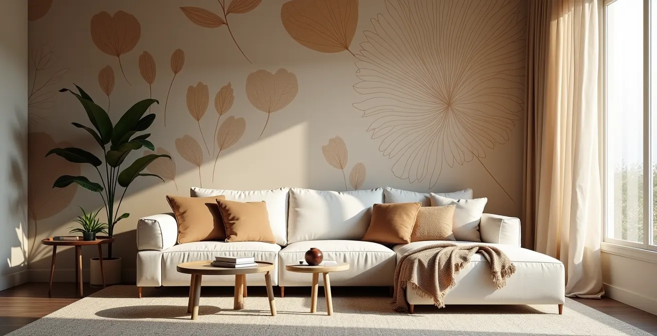 Salon avec papier peint à motifs appliquant la règle des proportions de couleurs