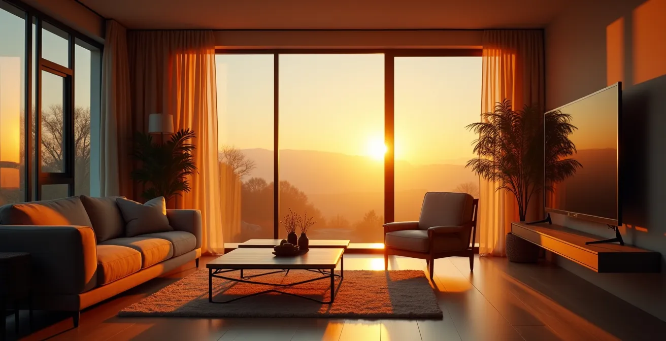 Différentes ambiances lumineuses dans une pièce de vie selon les moments de la journée