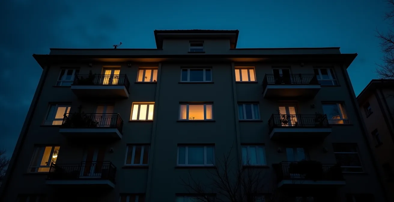 Maison vue de l'extérieur au crépuscule avec éclairages variés suggérant une présence