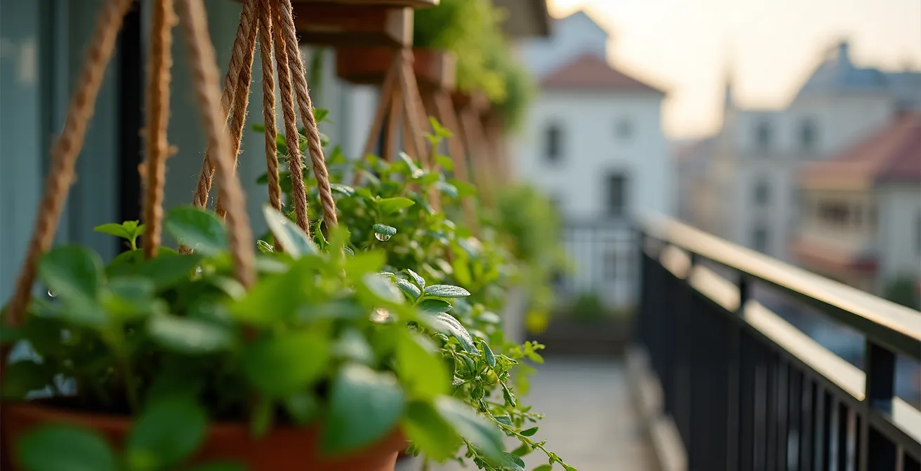 Système de jardinières suspendues en cascade sur un balcon étroit avec plantes retombantes