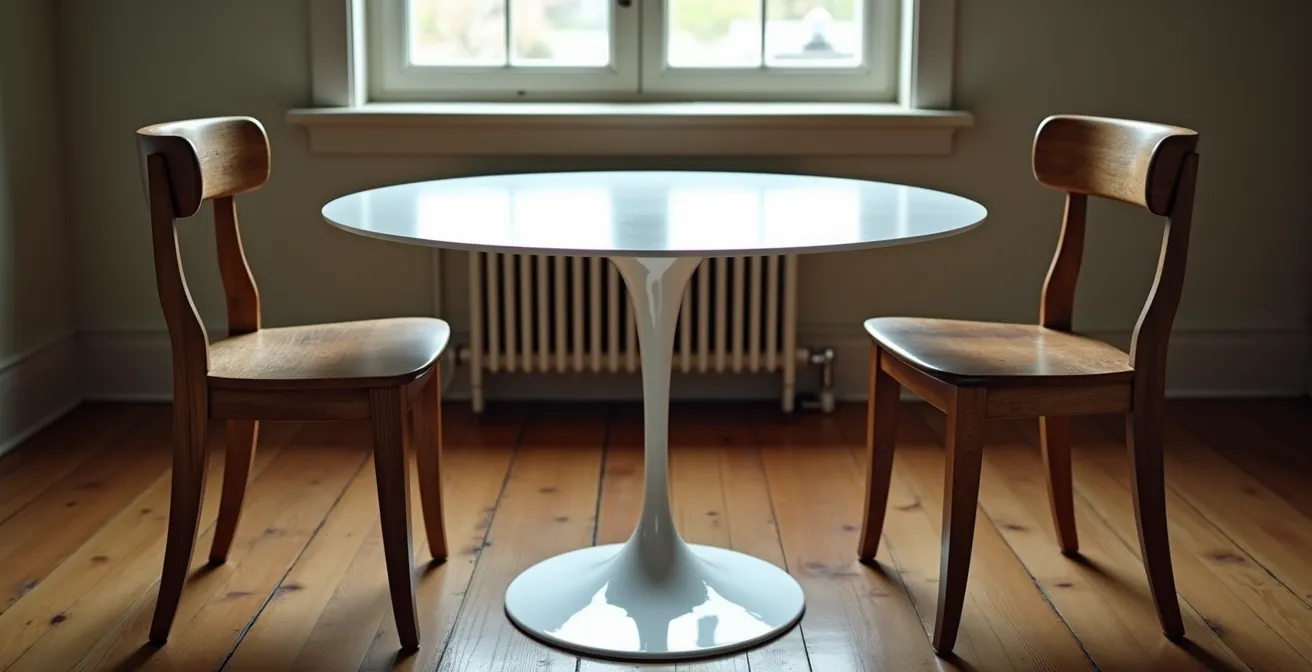 Table tulipe blanche épurée entourée de chaises rustiques en bois patiné créant un contraste élégant