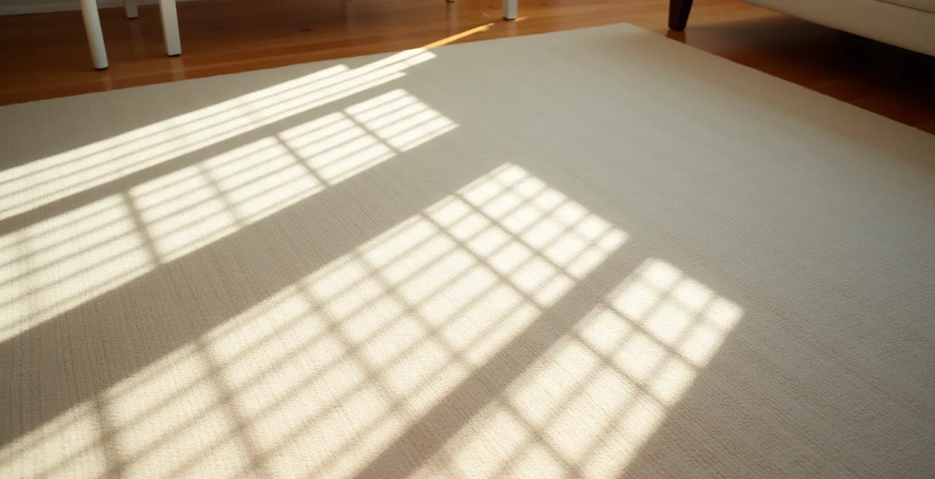 Tapis berbère dans un salon montrant les zones d'usure différenciées par la lumière