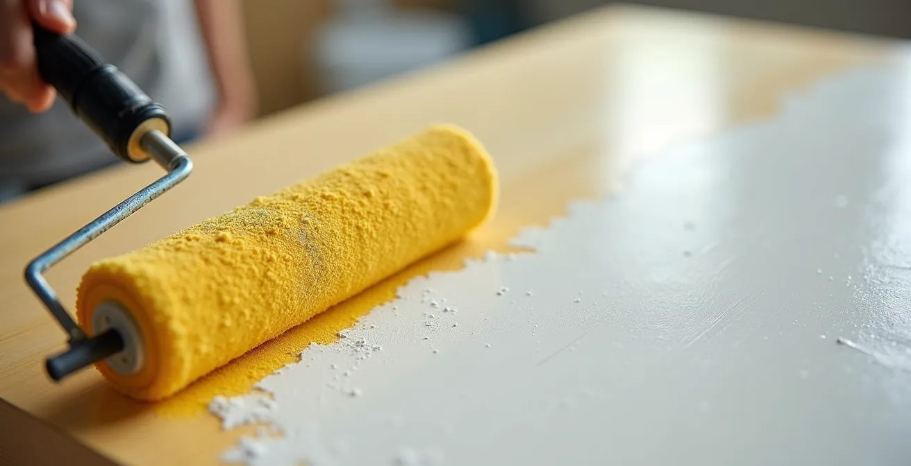 Gros plan sur la transformation d'un meuble IKEA avec application de peinture au rouleau