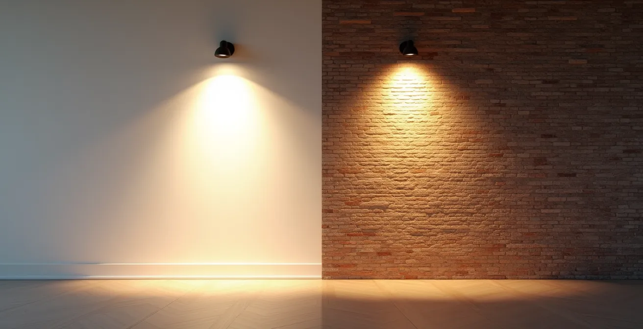 Comparaison visuelle entre l'éclairage wall-washing et wall-grazing sur un mur texturé